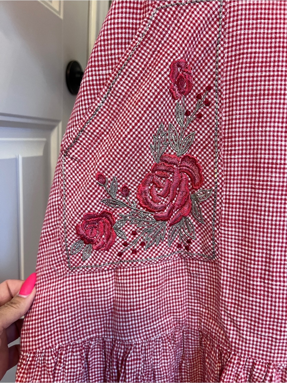 Bombay Paisley Women's Red Midi Gingham Dress with Rose Embroidery Pockets XS - Picture 6 of 16